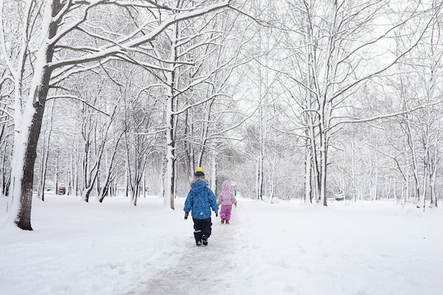 Parque de inverno coberto de neve e bancos. Parque e píer para alimentar patos e pombos. A família em uma caminhada na neve cobriu o parque de outono.