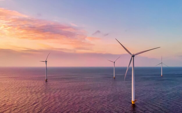 Foto parque de moinhos de vento com um céu azul em um dia ensolarado na holanda o maior parque de molinos de vento no oceano