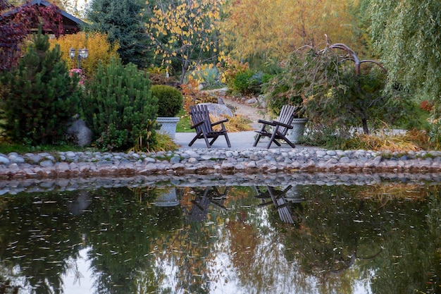 Parque de outono com um lago e árvores na costa meditação de relaxamento de recreação