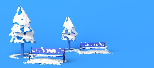 Parque en un día de invierno con nieve cayendo sobre bancos y árboles. Copie el espacio. Ilustración 3D.