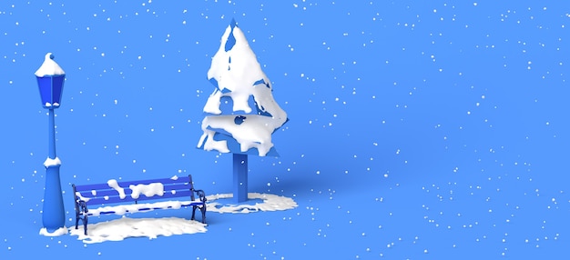 Parque en un día de invierno con nieve cayendo sobre bancos y árboles. Copie el espacio. Ilustración 3D.