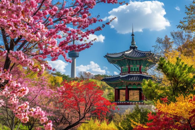 Parque e Torre em Seul, Coreia do Sul, com flor Sakura e árvore de outono