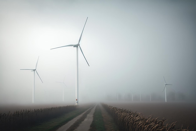 Parque eólico de energía renovable en un campo de niebla AI generado