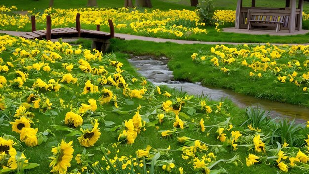 Parque de flores amarillas y frescas