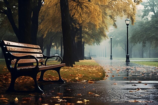 Parque forestal de otoño rojo después de la lluvia en un hermoso paisaje