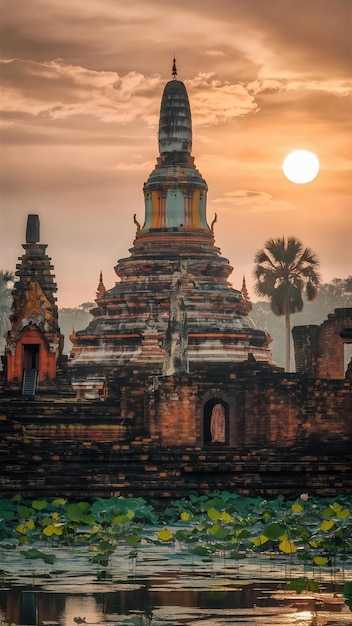 El parque histórico de Ayutthaya y el templo budista de wat chaiwatthanaram en Tailandia