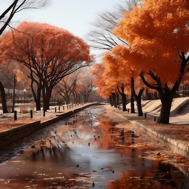 Foto parque con hojas rojas a lo largo de un camino