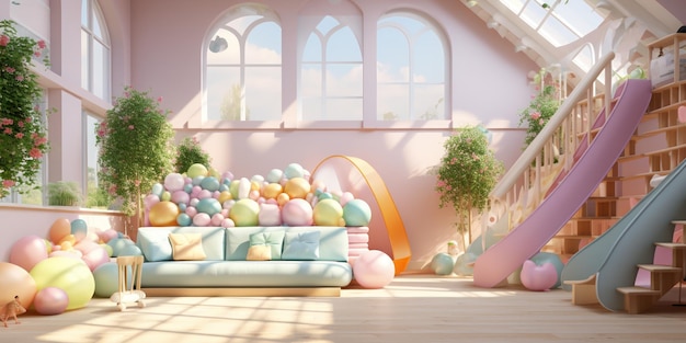 Parque infantil coberto com almofadas pastel e um ambiente mágico ensolarado