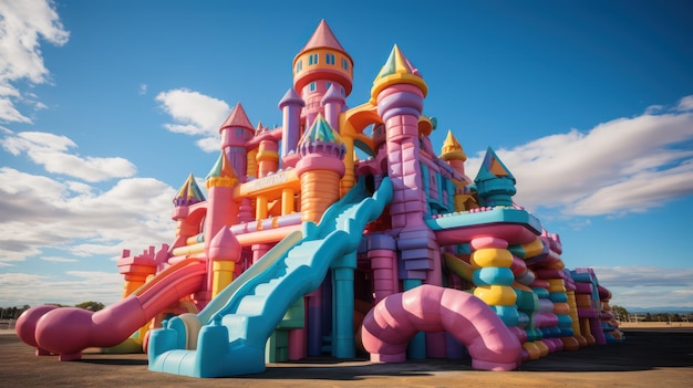 Parque infantil inflable castillo azul con cielo azul