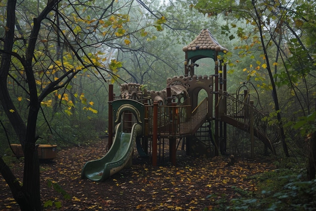 Un parque infantil situado en medio de un denso bosque con columpios, toboganes y estructuras de escalada Un misterioso parque infantil de aspecto antiguo en un bosque denso generado por IA