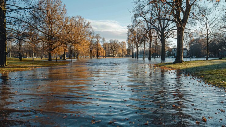 Parque inundado con bancos y árboles