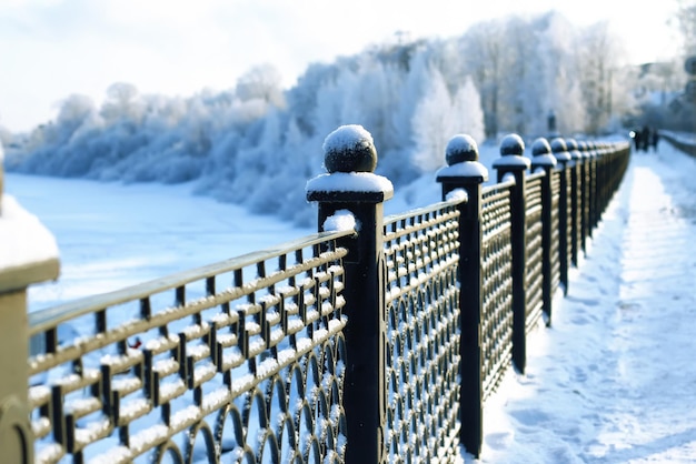 Parque de invierno de nieve cubierto de valla