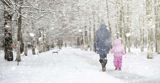 Parque de invierno bajo la nieve. Tormenta de nieve en el parque de la ciudad. Aparque para pasear con toda la familia bajo la capa de nieve.