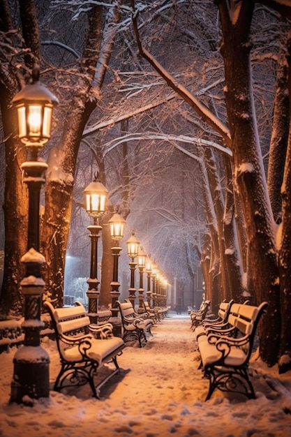 Parque de invierno de noche con árboles cubiertos de nieve, bancos y faroles IA generativa