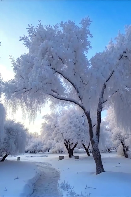 Parque lleno de muchos árboles cubiertos de nieve ai generativa