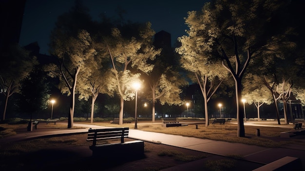 Un parque con luces encendidas y un banco en la oscuridad.