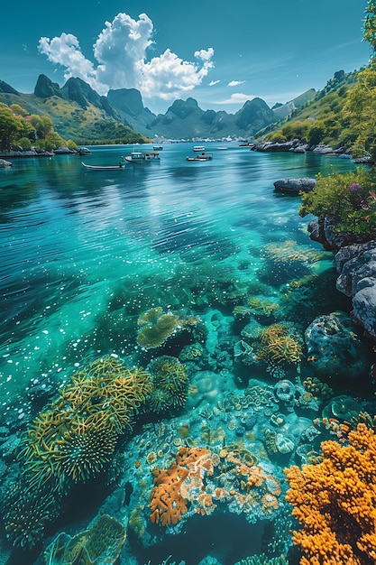 El Parque Marino Nacional de Ang Thong en Tailandia con una ilustración de textura de coral en la decoración de fondo de tendencia