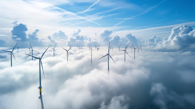 Foto parque de molinos de viento en alta mar con nubes y un parque de molino de viento de cielo azul en el océano aéreo ia generativa