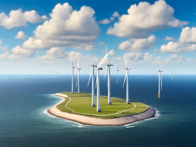 Foto parque de molinos de viento con nubes y un cielo azul turbinas de molino de viento en el océano vista aérea de un viento