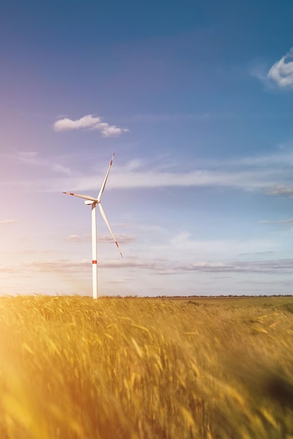 Parque de molinos de viento con nubes y cielo azul Vista de la naturaleza con turbina eólica en Ucrania Energía verde y un futuro sostenible