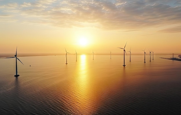 Parque de molinos de viento en el océano vista aérea de drones de turbinas de molinos de viento que generan molinos de viento eléctricos de energía verde aislados en el mar en los Países Bajos Imágenes de alta calidad 4k