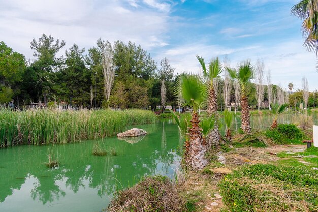 Parque na cidade turca de Antalya Park com palmeiras e um lago com água turquesa