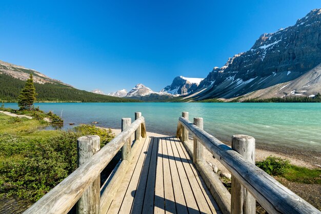 Parque Nacional de Banff bela paisagem trilha do lago Bow Lake e ponte de madeira Alberta Canadá