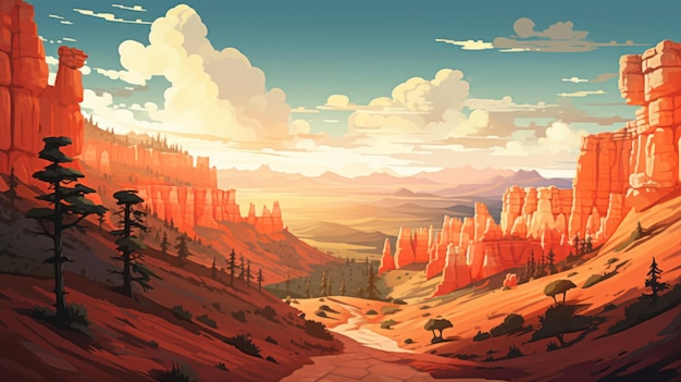 Parque Nacional de Bryce Canyon Impressão de arte colorida estilo desenho animado paisagem