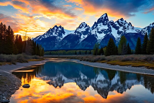 Parque Nacional Grand Teton Amanecer en el desembarco de Schwabachers Majestic Mountain y paisaje fluvial en