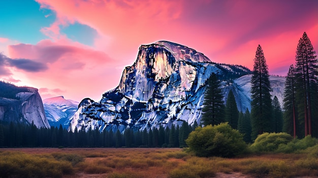 El Parque Nacional Half Dome Rock Yosemite en el atardecer