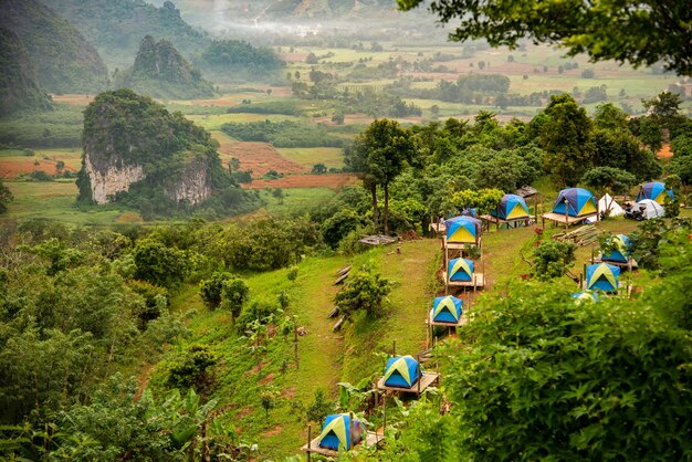 Parque Nacional de la montaña de Phu Langka y tienda de campaña en el bosque de la provincia de Payao Tailandia