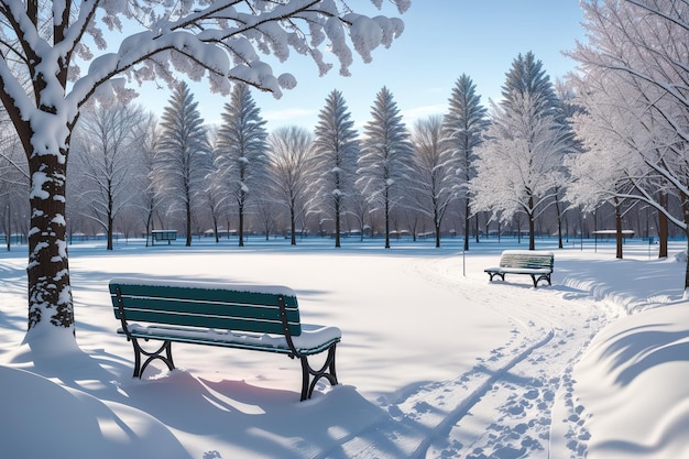 Un parque nevado con un banco y árboles cubiertos de nieve