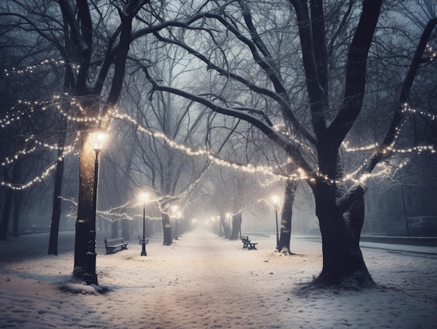 Un parque nevado con luces en los árboles.