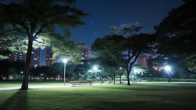 Foto parque por la noche con bancos y árboles