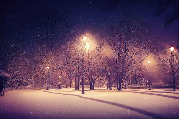 Parque de noche de invierno con farolas La nieve se acumula en los caminos Ilustración 3D