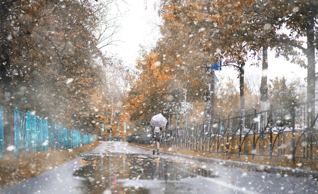 Parque de otoño en la primera nevada