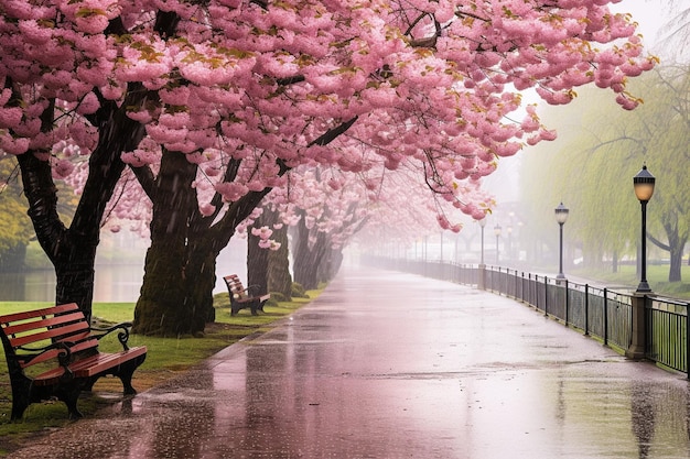 Parque de primavera lluviosa con árboles de sakura