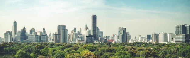 Parque público e paisagem urbana de arranha-céus no centro da cidade da metrópole