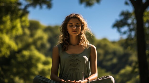 En el parque sereno una chica con pantalones verdes de yoga meditaba pacíficamente