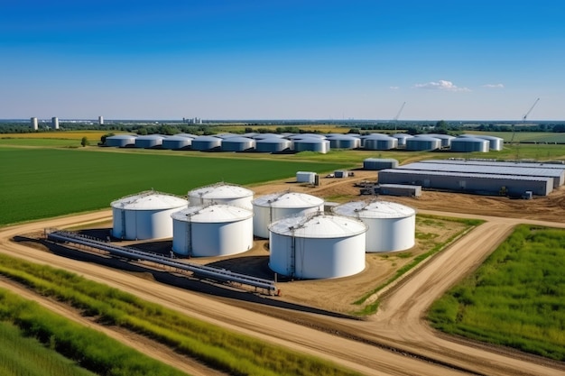 Parque de tanques con filas de tanques de almacenamiento de petróleo