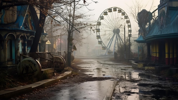 Foto parque temático abandonado atmosfera assustadora de ruínas pós-apocalípticas