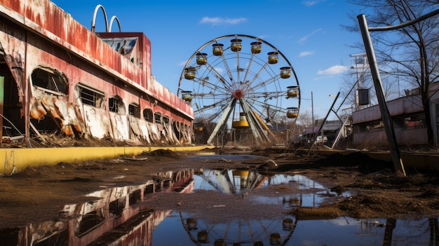 Parque temático abandonado Um reflexo pós-apocalíptico de uma roda gigante