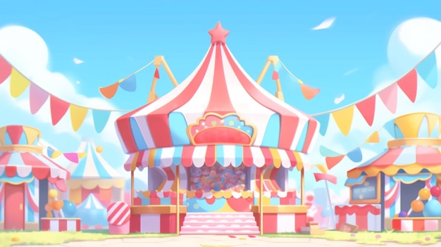 parque temático escena de dibujos animados pabellón colorido con bandera colorida en un día soleado IA generativa