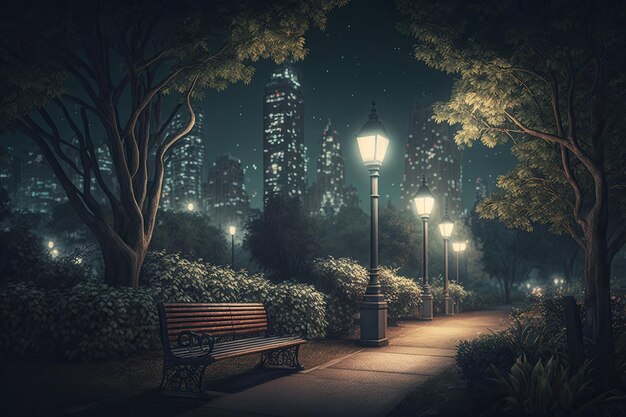 Parque tranquilo à noite com as luzes da cidade brilhando ao fundo
