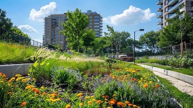 Un parque urbano con un colorido jardín y una vista de la ciudad en el fondo