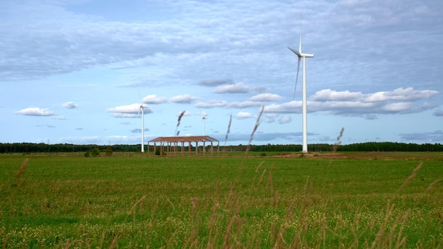 Parques eólicos en un campo verde con el telón de fondo de un bosque y un cielo con nubes. Molinos de viento para elec