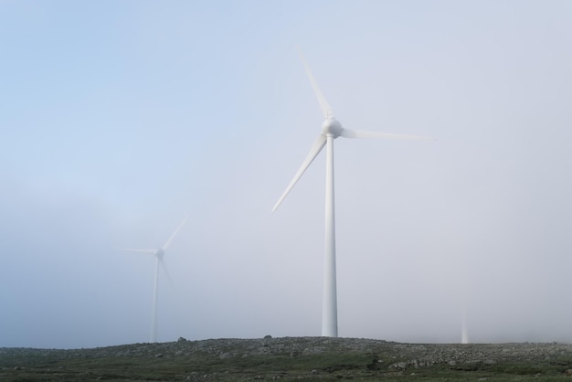 Parques eólicos en la niebla