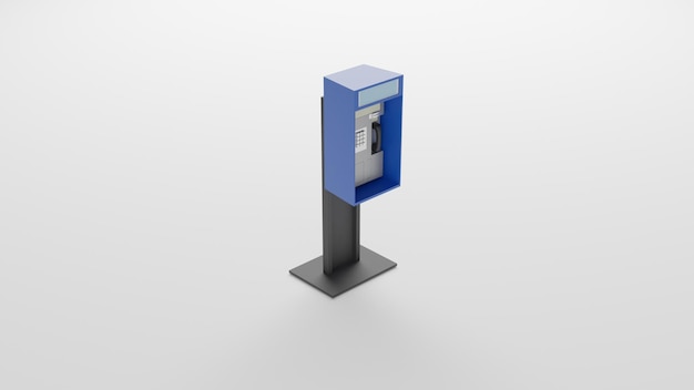 Un parquímetro azul con un poste negro que dice "atm"