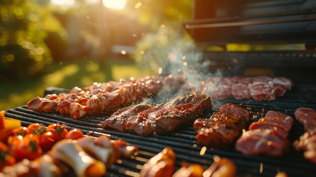 Foto la parrilla ardiente es una delicia para asar en un patio trasero de verano.