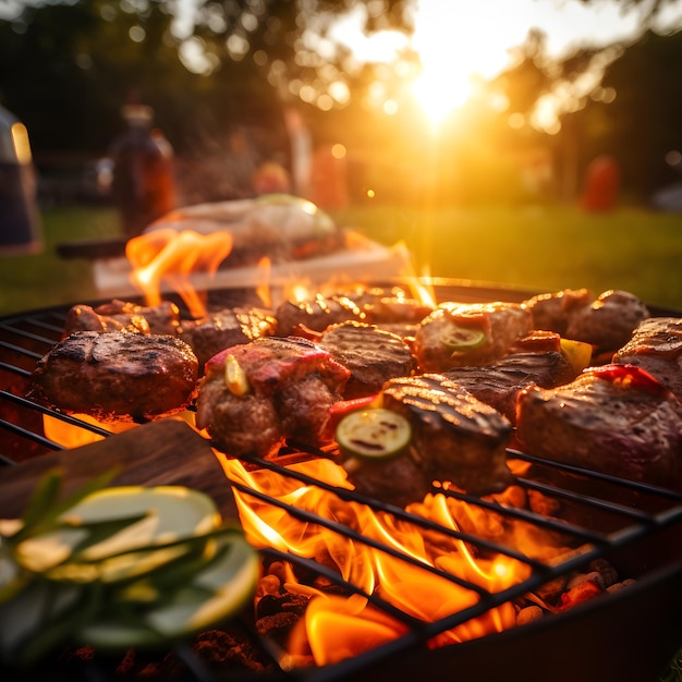 Foto parrilla de barbacoa al aire libre salchichas de ternera asada puesta de sol de verano diversión vacaciones cerveza celebración